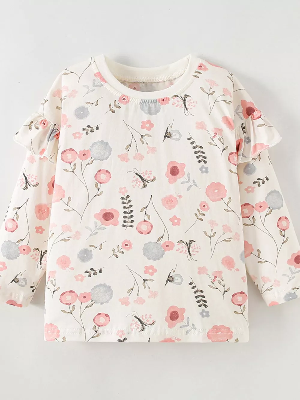 Children's Floral Print Ruffle-Sleeve Crew Neck Sweatshirt, image 2