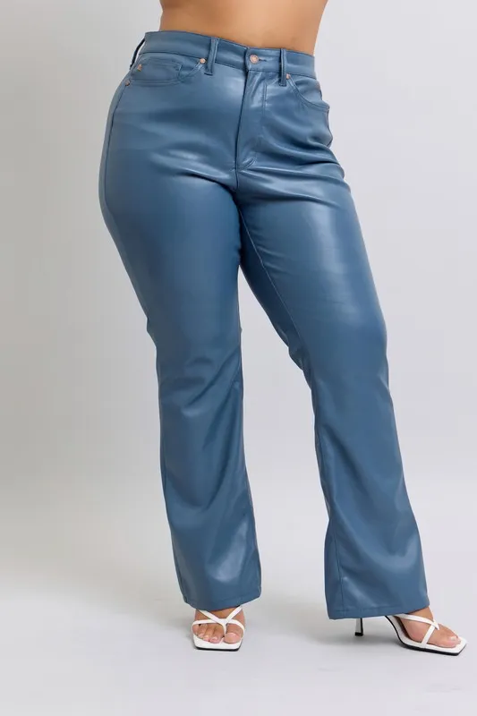 Full Size High Waist Tummy Control Faux Leather Bootcut Pants Plus Size, image 2