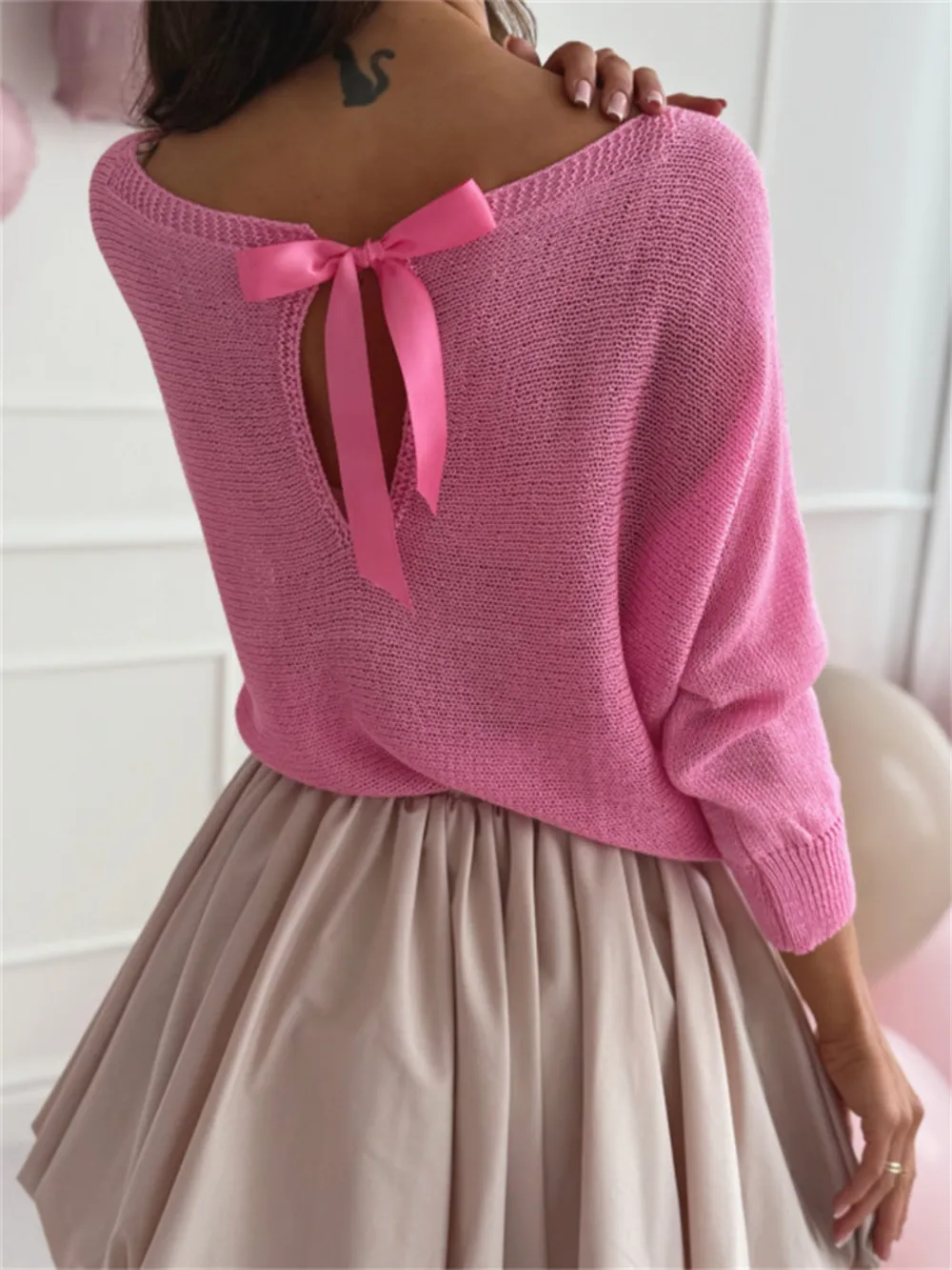 Bow Back Boat Neck Batwing Sleeve Sweater, image 2