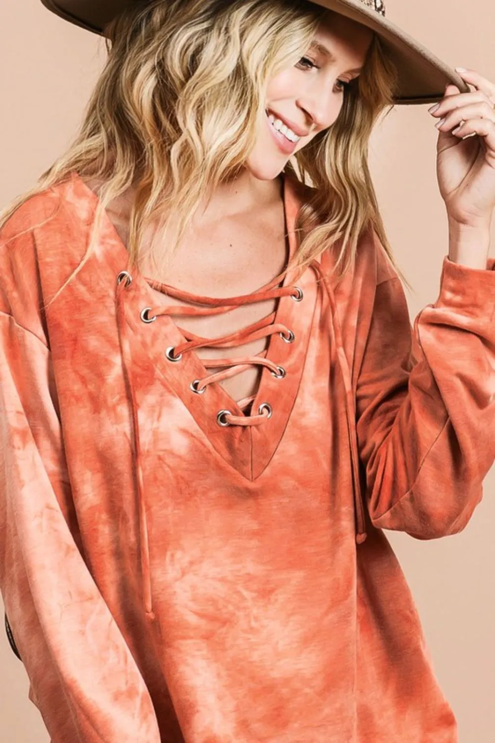 Lace-Up Tie-Dye French Terry Long Sleeve Top, image 2