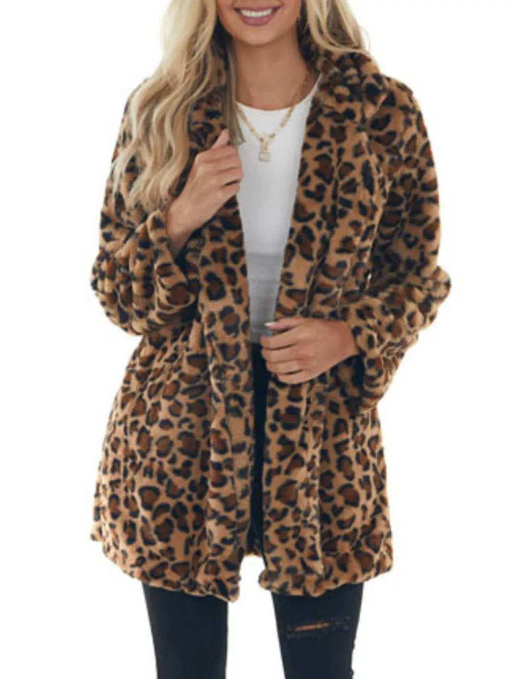 Full Size Leopard Open Front Outerwear Plus Size, image 2