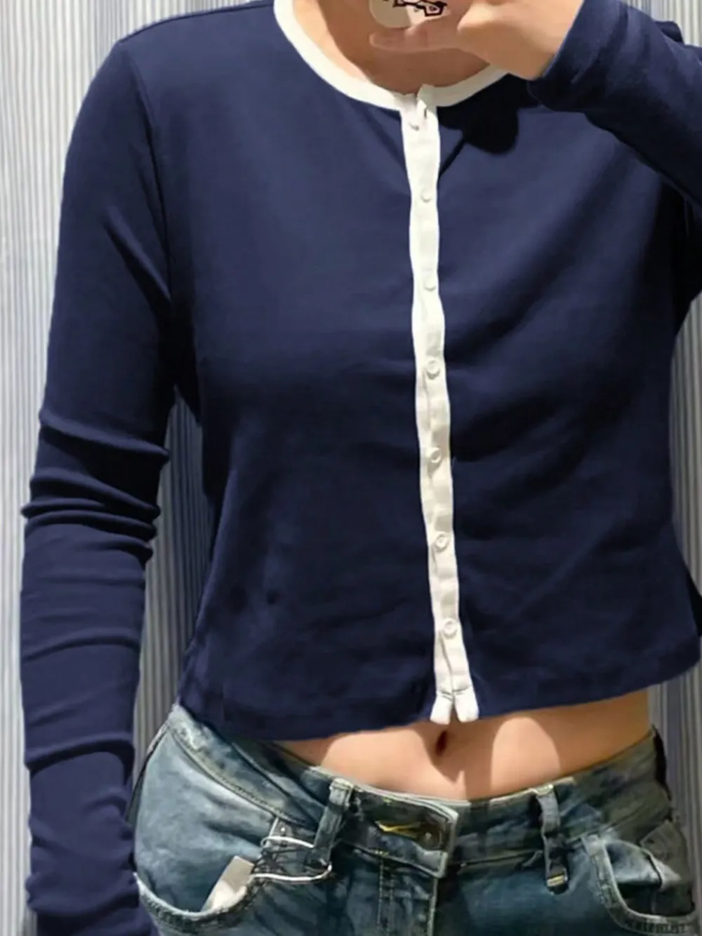 Button Down Contrast Trim Round Neck Long Sleeve Shirt, image 2