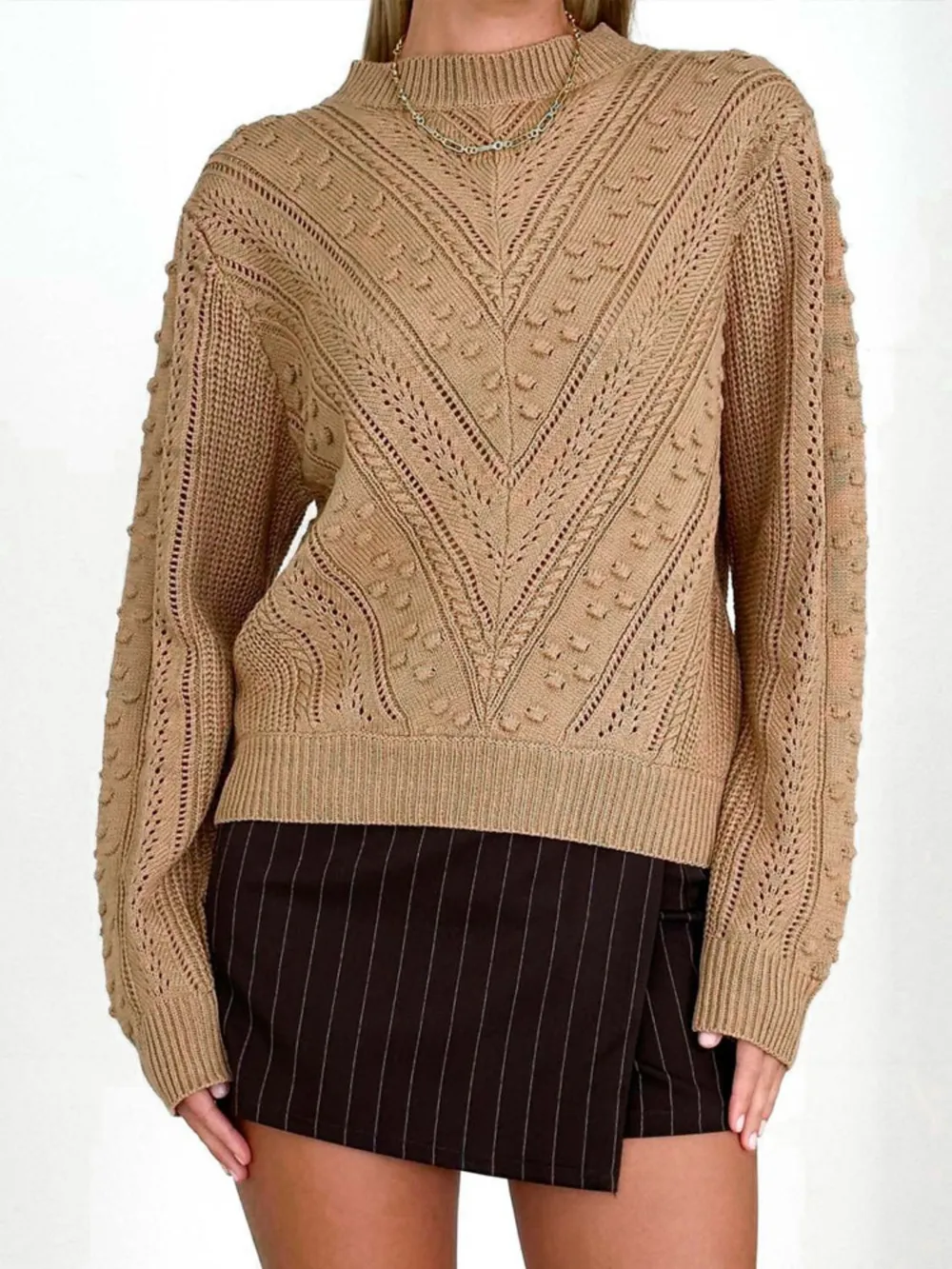 Openwork Round Neck Long Sleeve Sweater, image 4