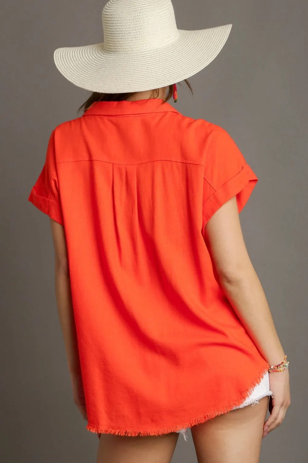 Full Size Linen Blend Button Down Short Folded Sleeve Shirt Plus Size, image 2