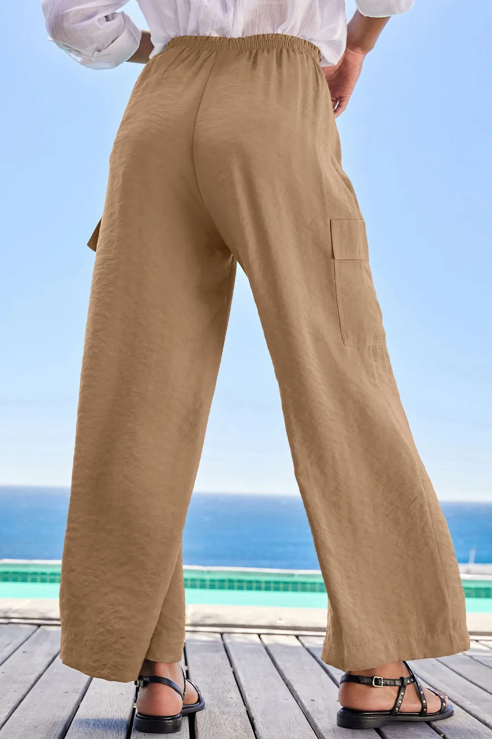 Drawstring Frilled Waist Wide Leg Utility Trousers, image 2