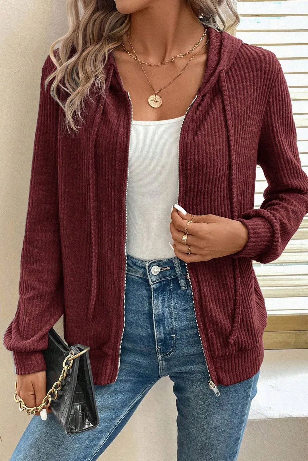 Drawstring Zip Up Long Sleeve Hooded Jacket