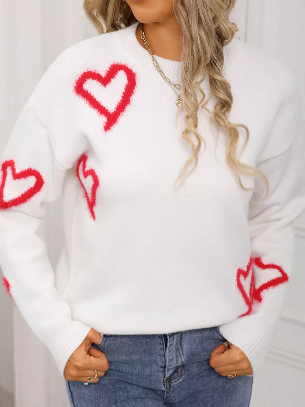 Valentine's Day Heart Print Crew Neck Sweater, image 10