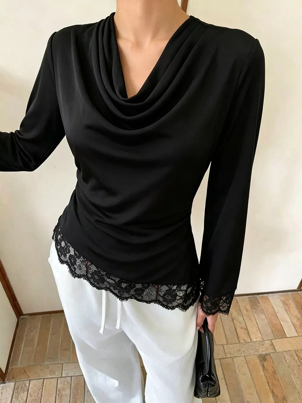 Lace Trim Cowl Neck Blouse, image 3