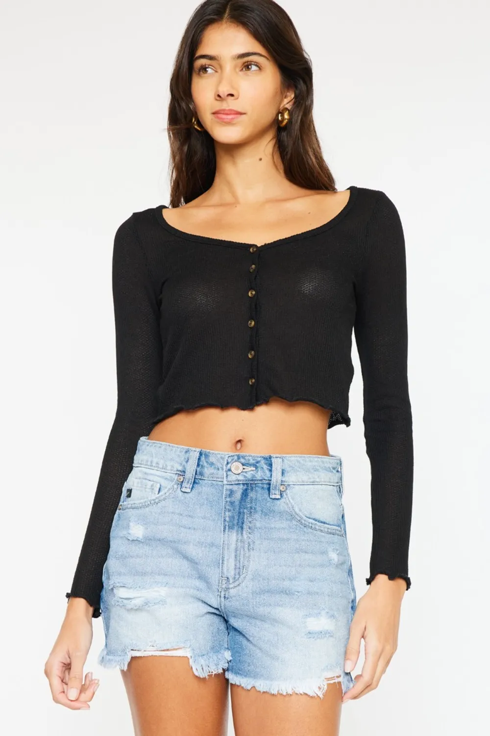 High Waist Frayed Denim Shorts, image 2