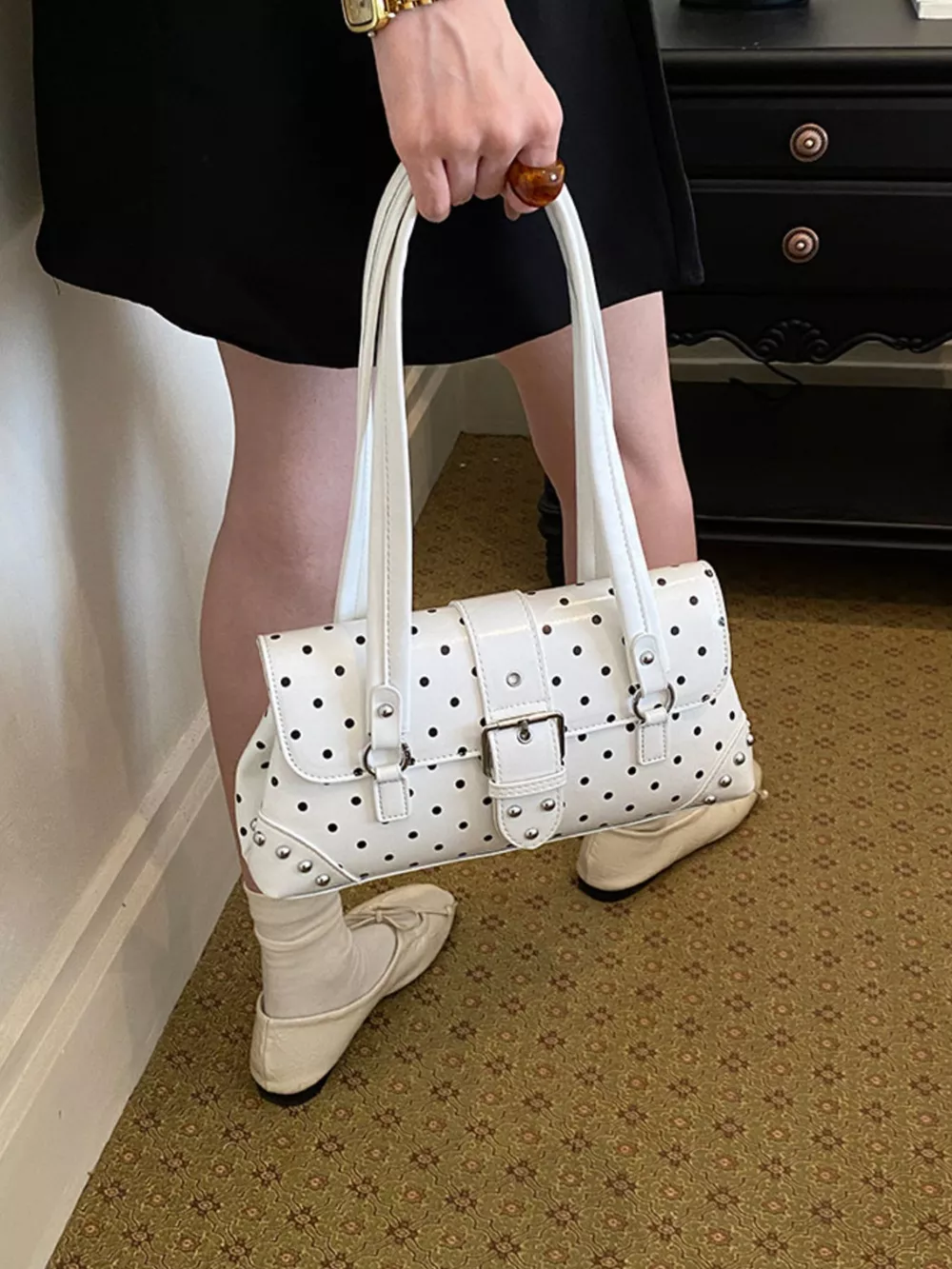Polka Dot Studded Shoulder Bag, image 4