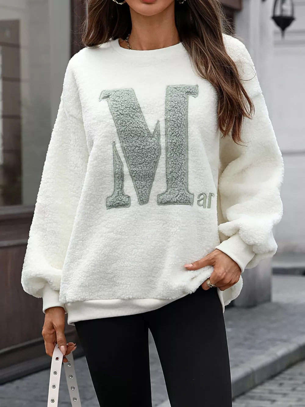 Letter Round Neck Fleece Sweatshirt, image 2