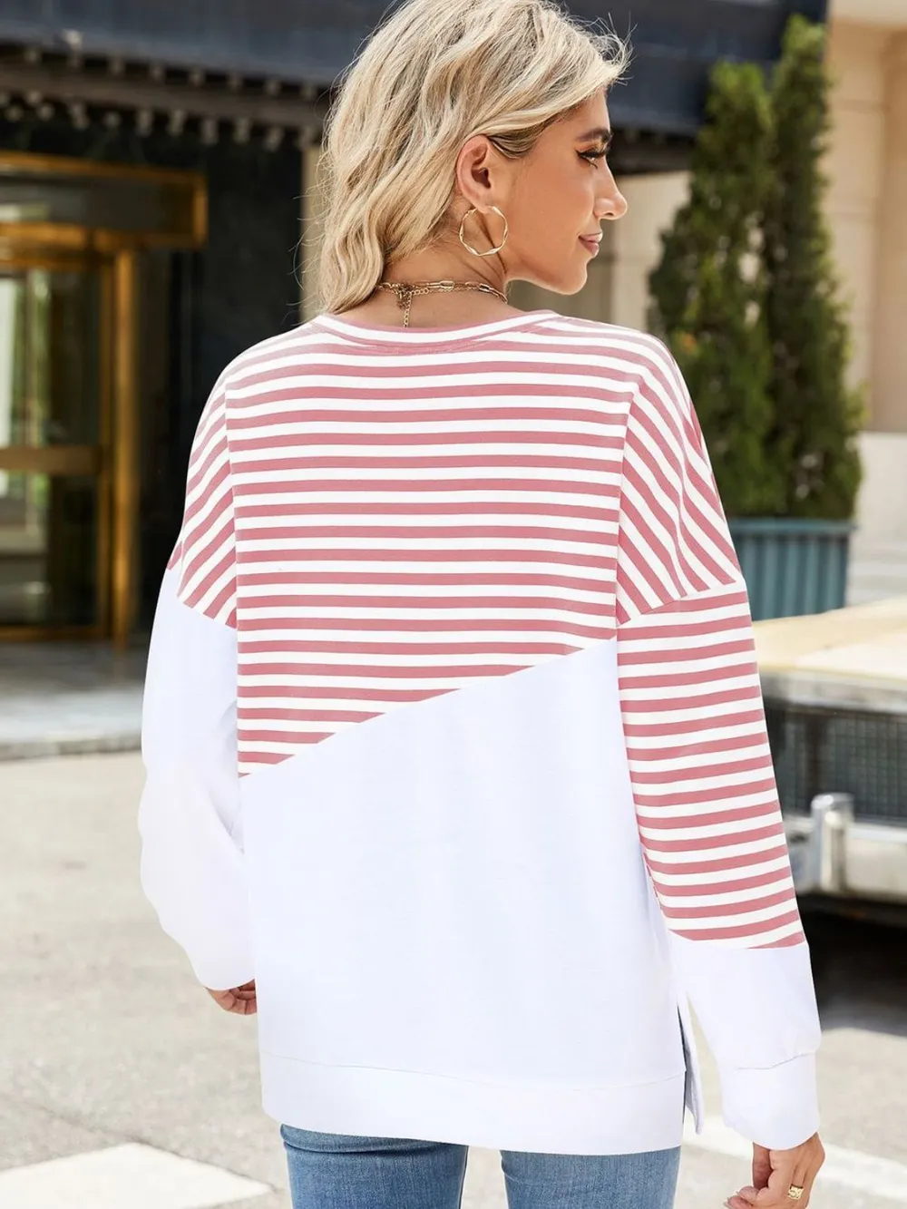 Slit Contrast Striped Long Sleeve Sweatshirt, image 16