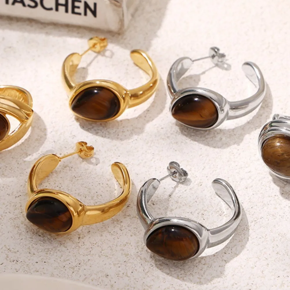 Stainless Steel Natural Tiger's Eye C-Hoop Earrings, image 3