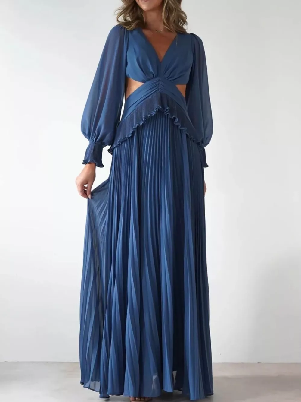 Backless Pleated Long Sleeve Maxi Dress, image 3
