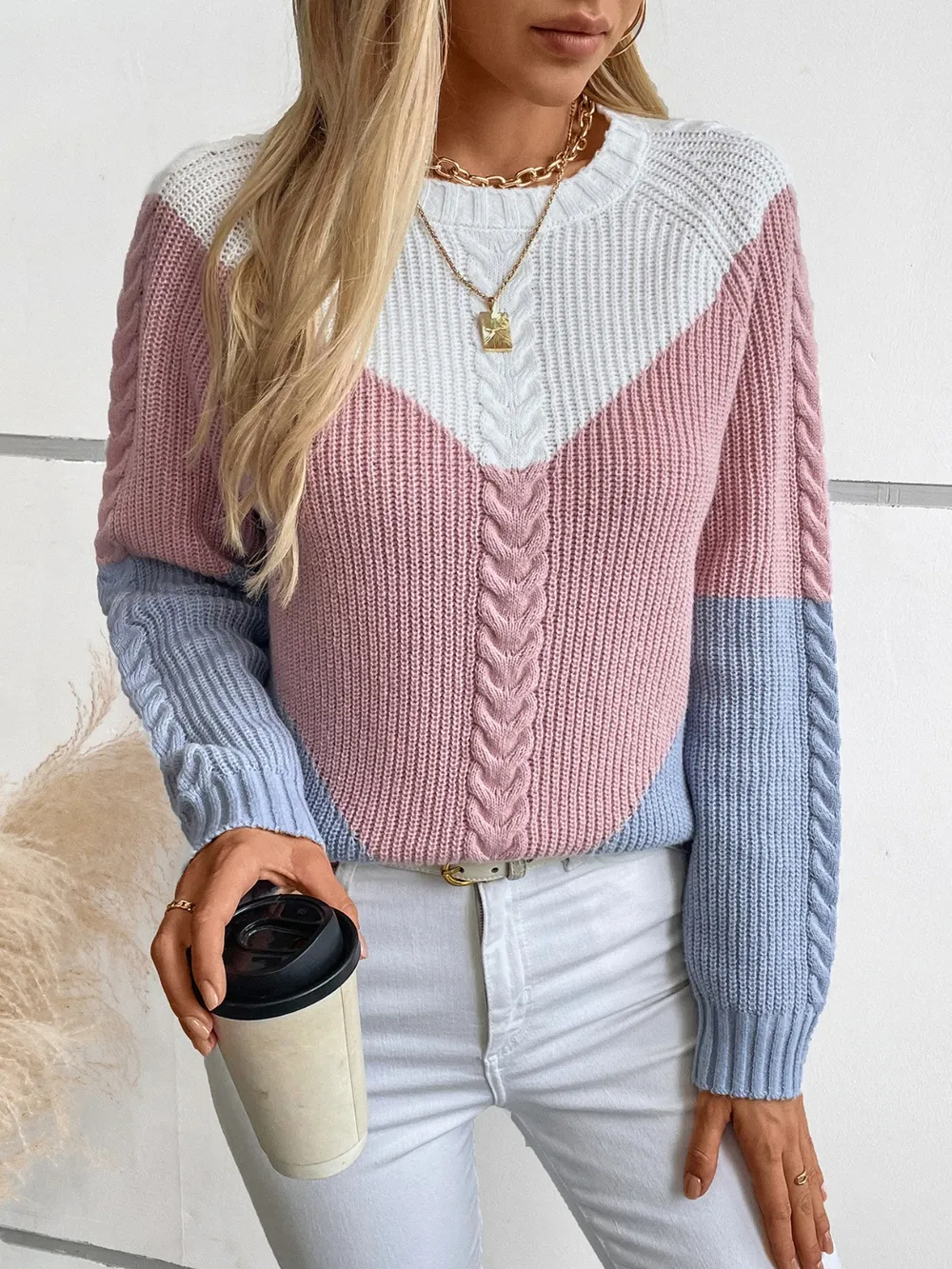 Color Block Round Neck Long Sleeve Sweater, image 6