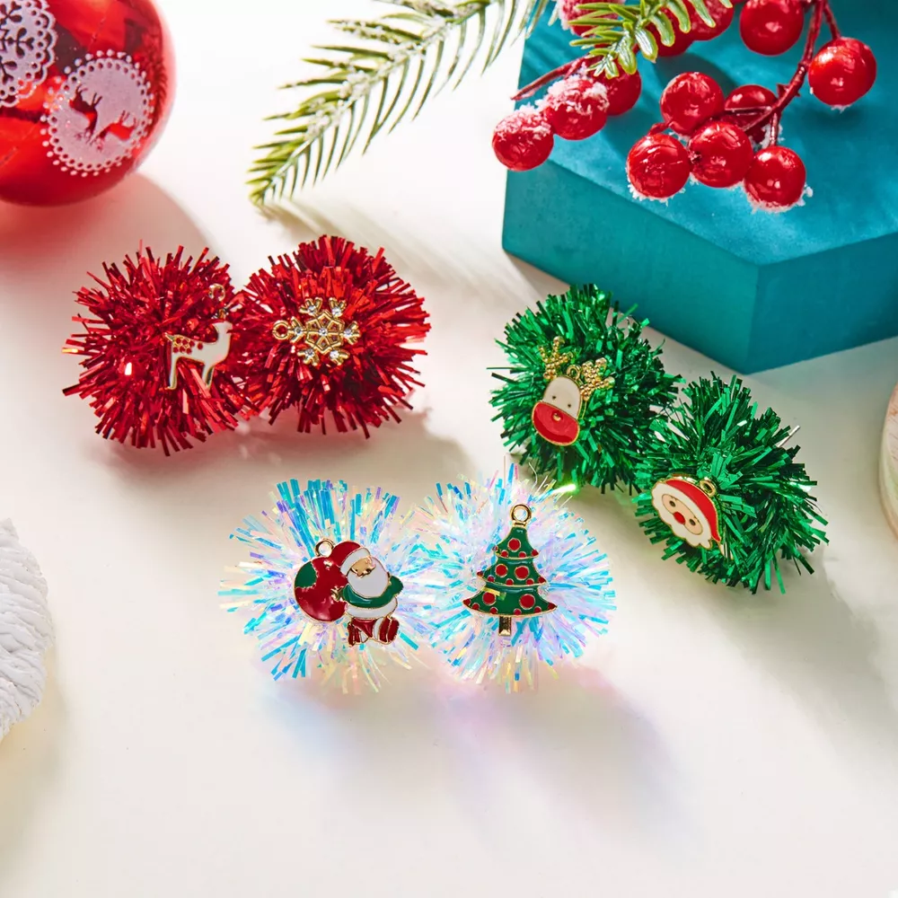 Christmas Asymmetrical Tinsel Ball Earrings, image 3