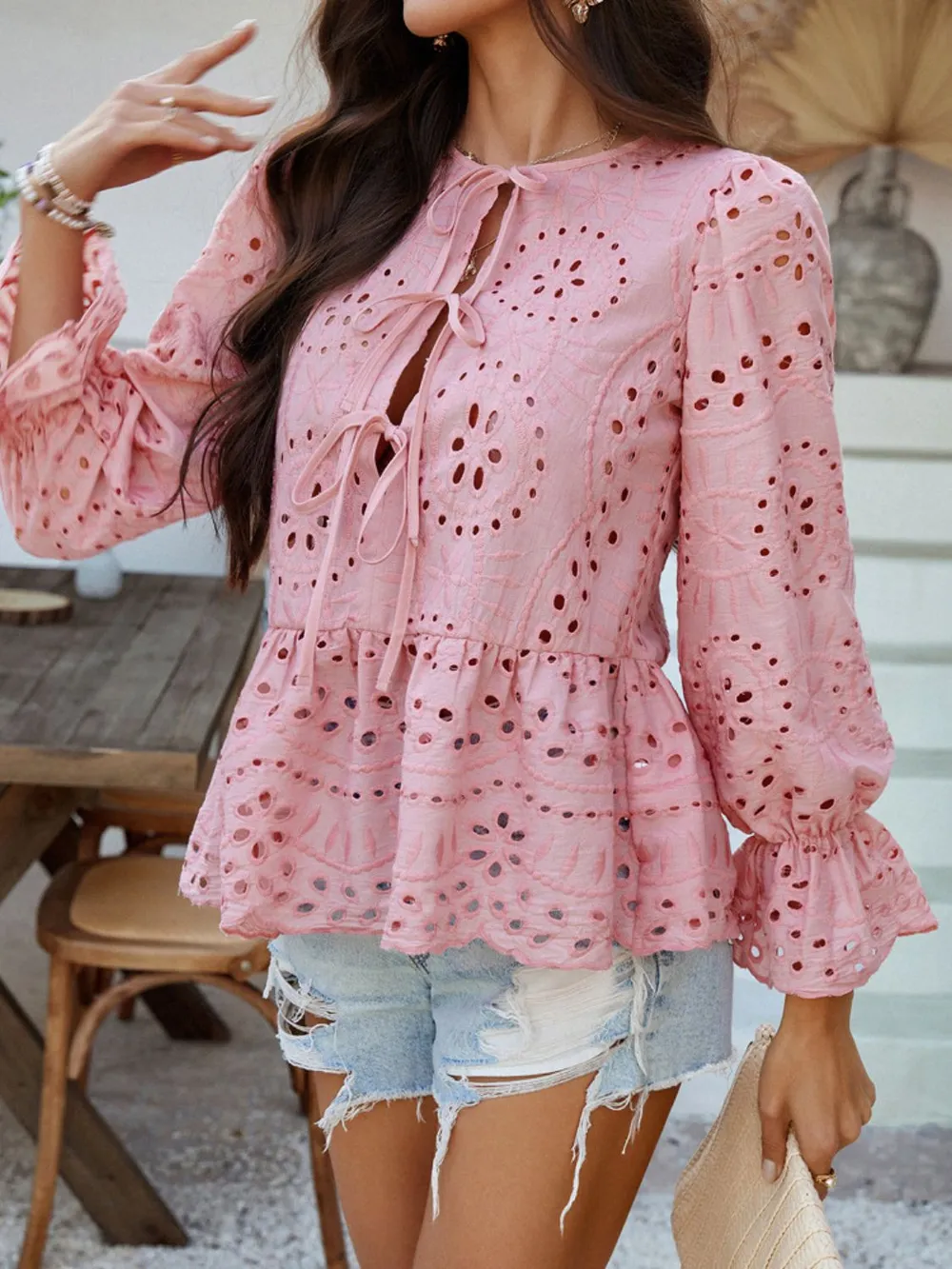 Tie Front Flounce Sleeve Peplum Blouse, image 20