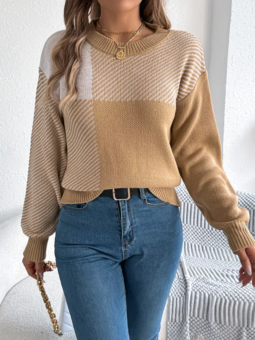 Color Block Striped Round Neck Sweater, image 5