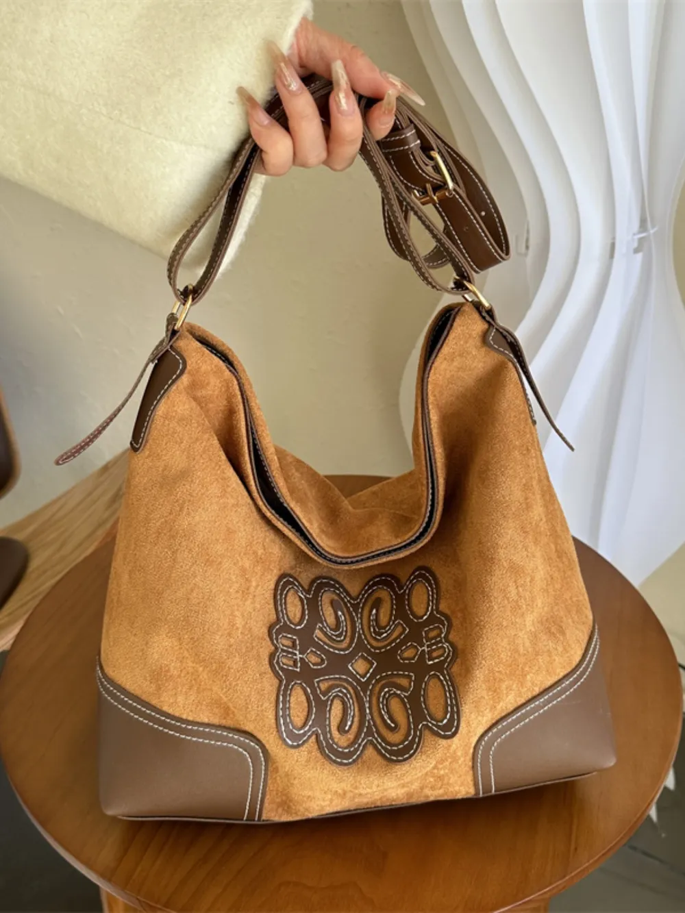 Suede Patch Adjustable Strap Tote Bag, image 13