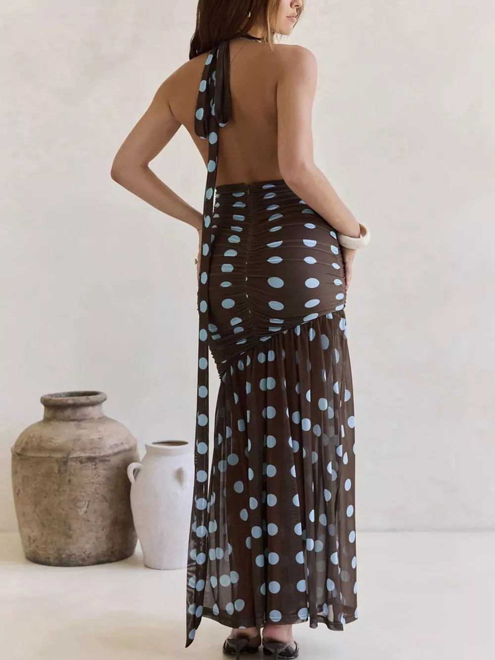 Polka Dot Halter Ruched Maxi Dress, image 2