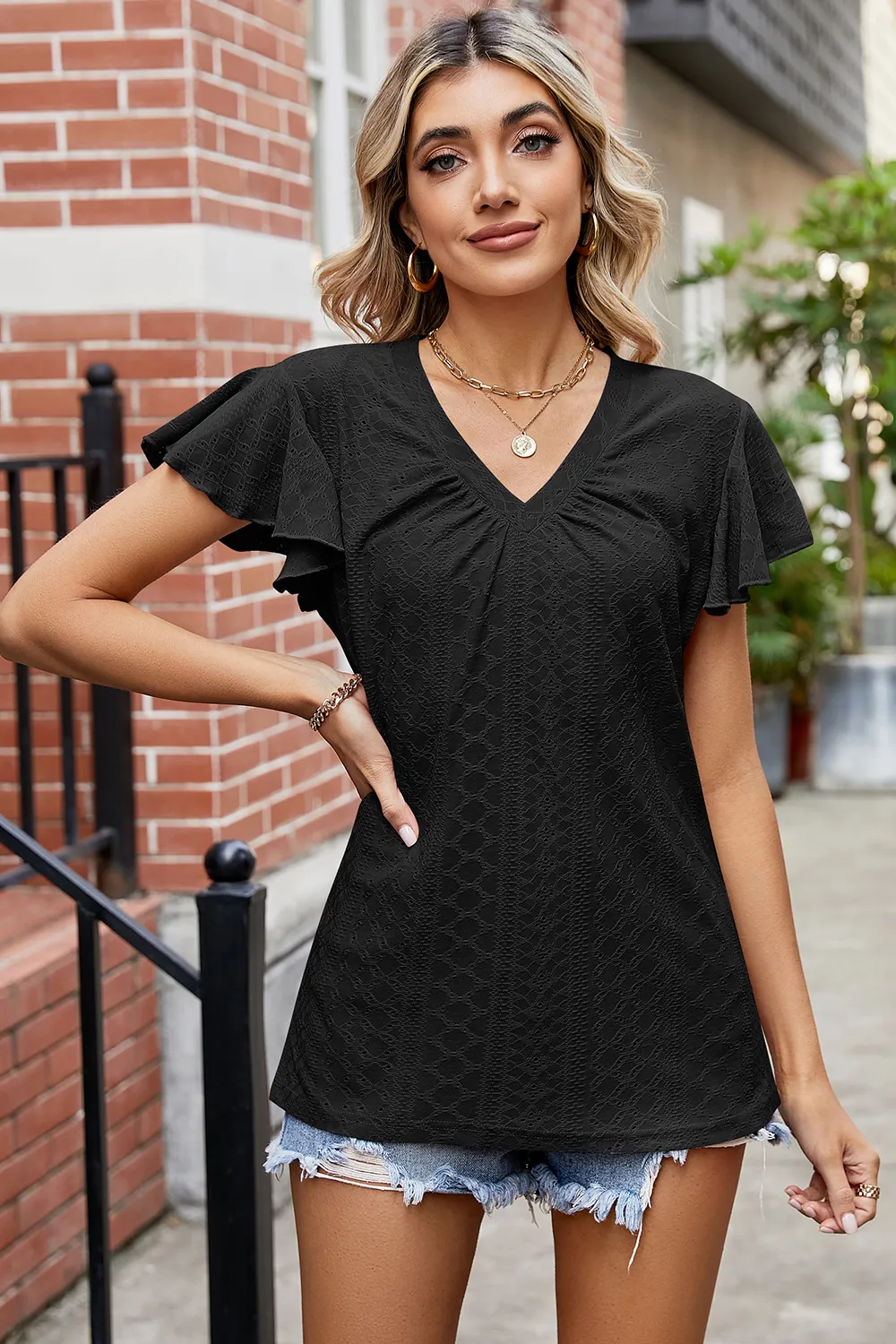 Eyelet V-Neck Flutter Sleeve T-Shirt, image 7