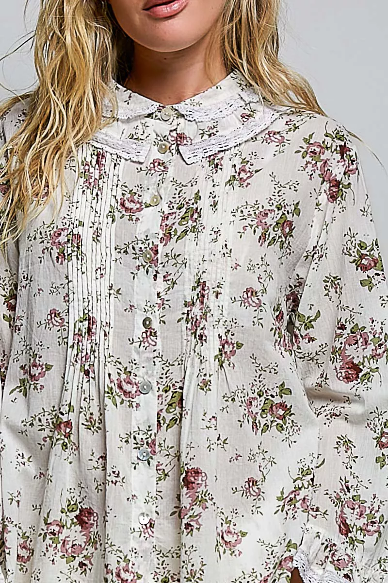 POL Floral Lace Trim Pintuck Button-Down Shirt, image 6
