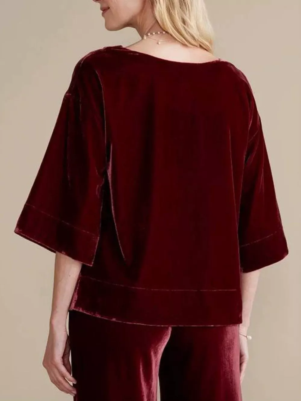 Velvet Boat-Neck T-Shirt with Three-Quarter Sleeves, image 4