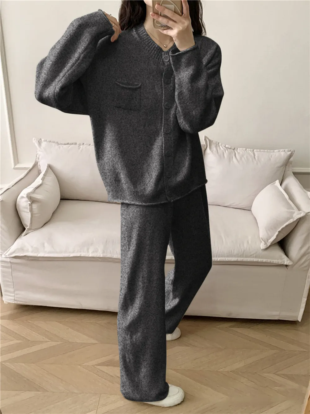 Pocketed Round Neck Button Up Cardigan and Pants Sweater Set, image 11