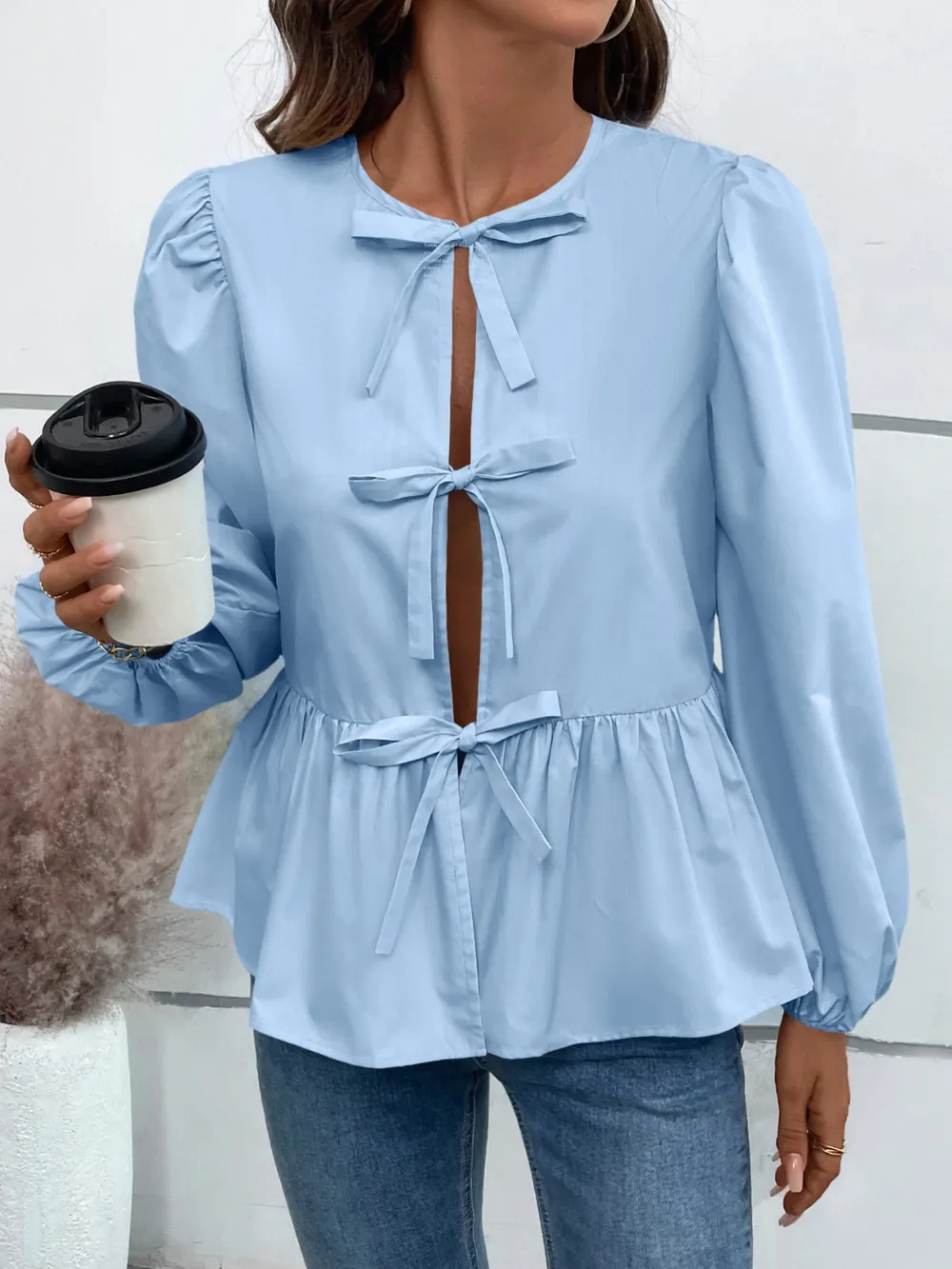 Peplum Tied Long Sleeve Blouse, image 2