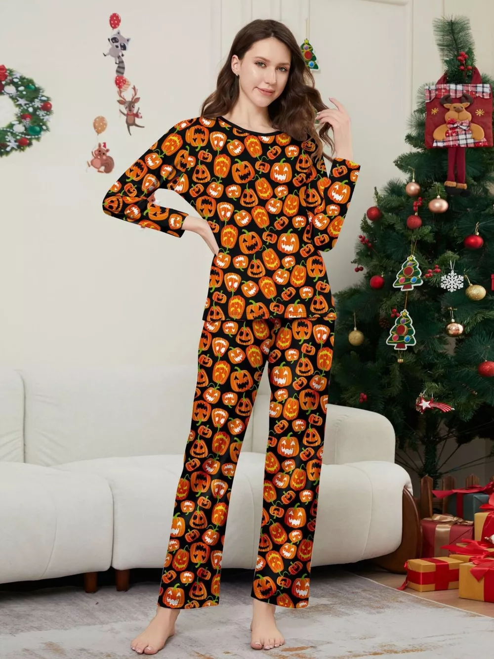 Full Size Family Matching Halloween Pumpkin Print Pajama Set Plus Size, image 4