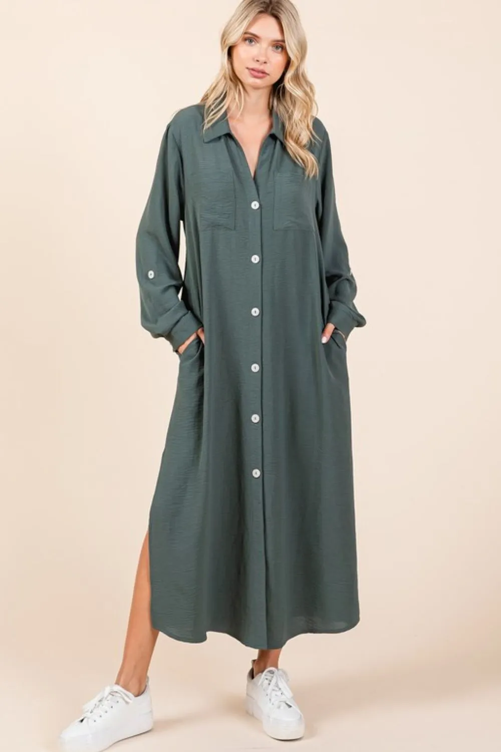 Airflow V-Neck Long Sleeve Button Down Maxi Dress