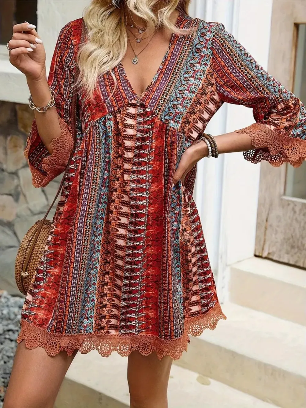 Lace Trim Printed V-Neck 3/4 Sleeve Dress, image 2