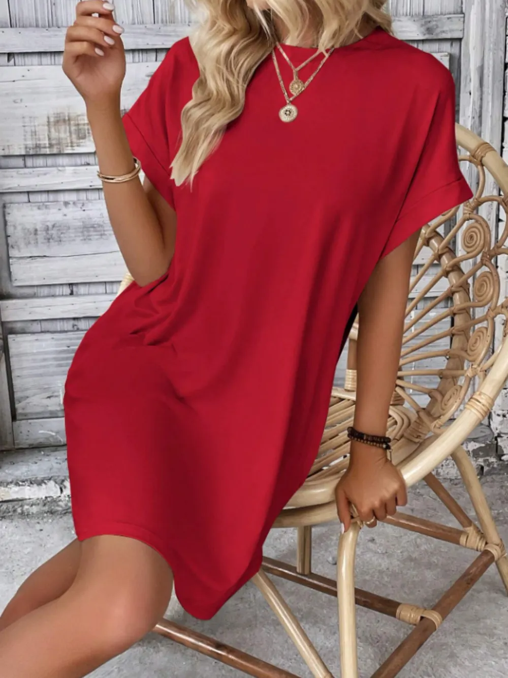 Round Neck Short Sleeve Mini Tee Dress with Pockets, image 2