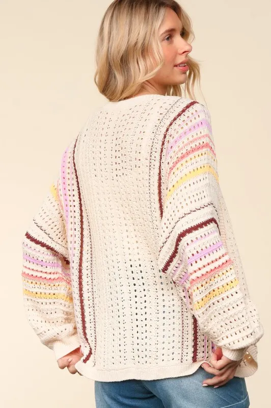 Full Size Striped Crochet Open Front Cardigan, image 2