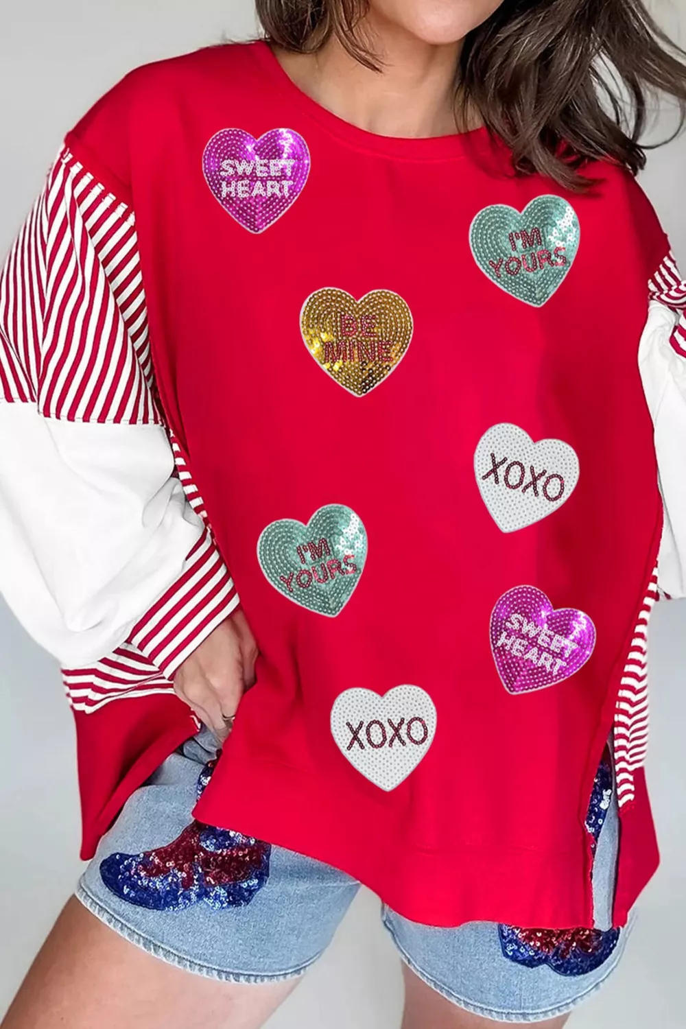 Valentines Day Sequin Heart Striped Color Block Patchwork Sweatshirt, image 2