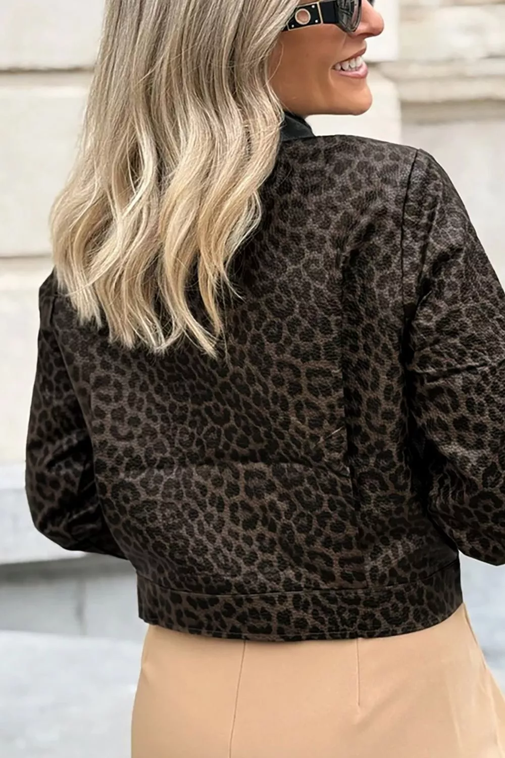 Leopard Print Cropped Faux Leather Jacket with Utility Pockets, image 5