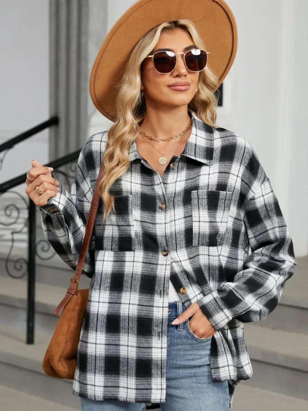 Plaid Collared Neck Long Sleeve Shirt, image 2