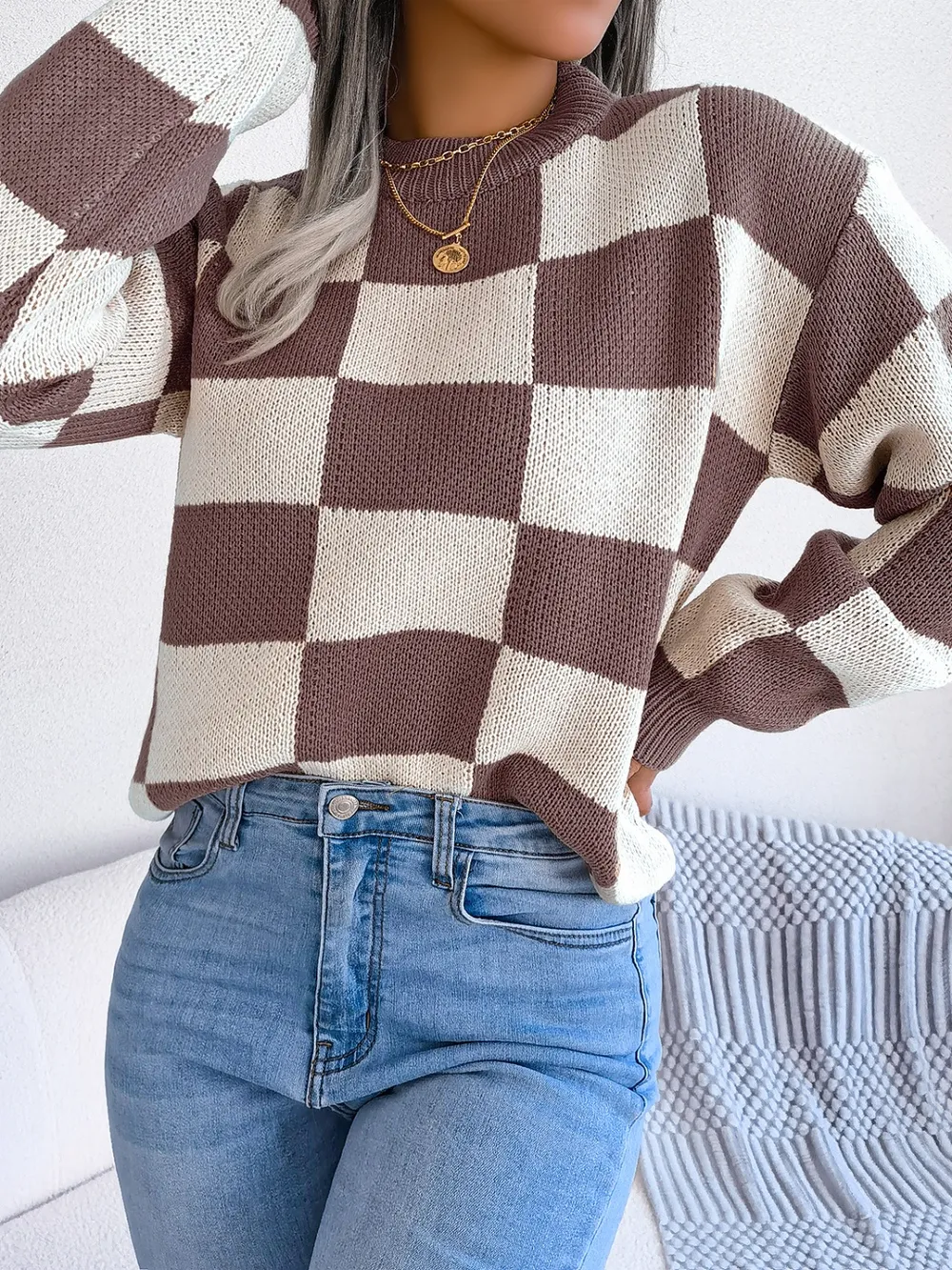 Checkered Mock Neck Long Sleeve Sweater, image 19