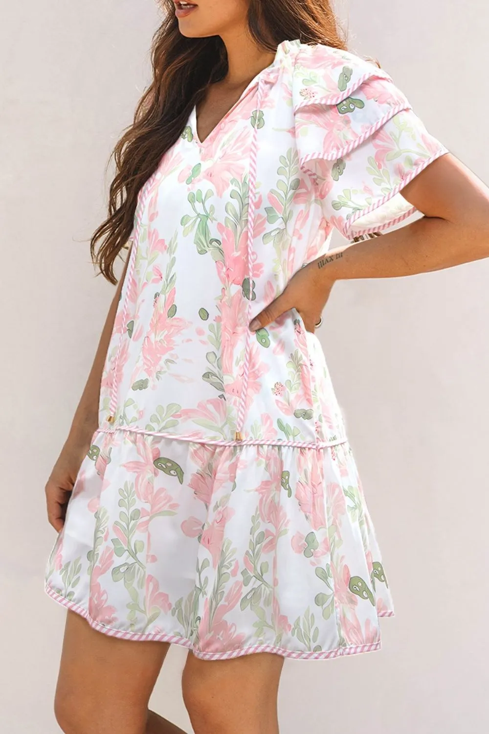 Floral Contrast Edge Layered Short Sleeve Mini Dress, image 2