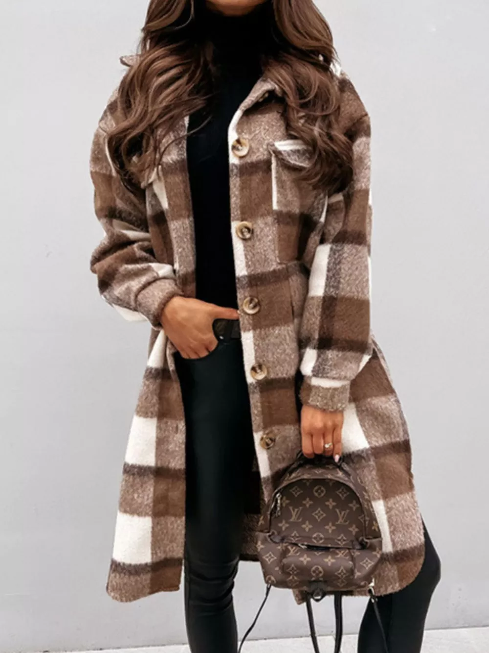 Longline Plaid Button Up Coat, image 2