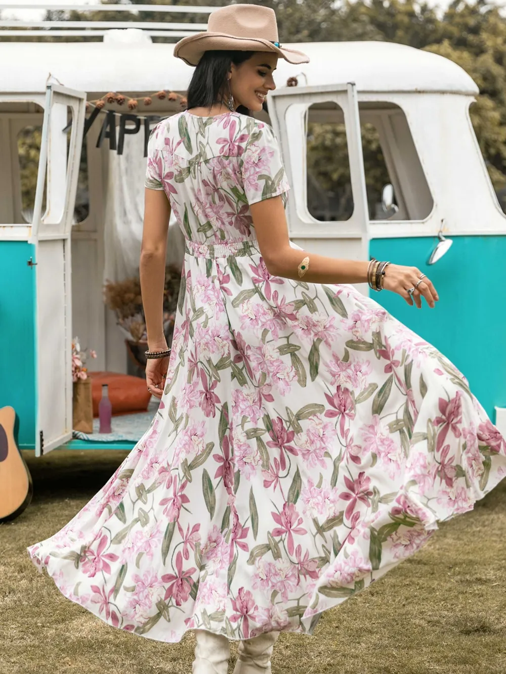 Floral V-Neck Slit Dress, image 2