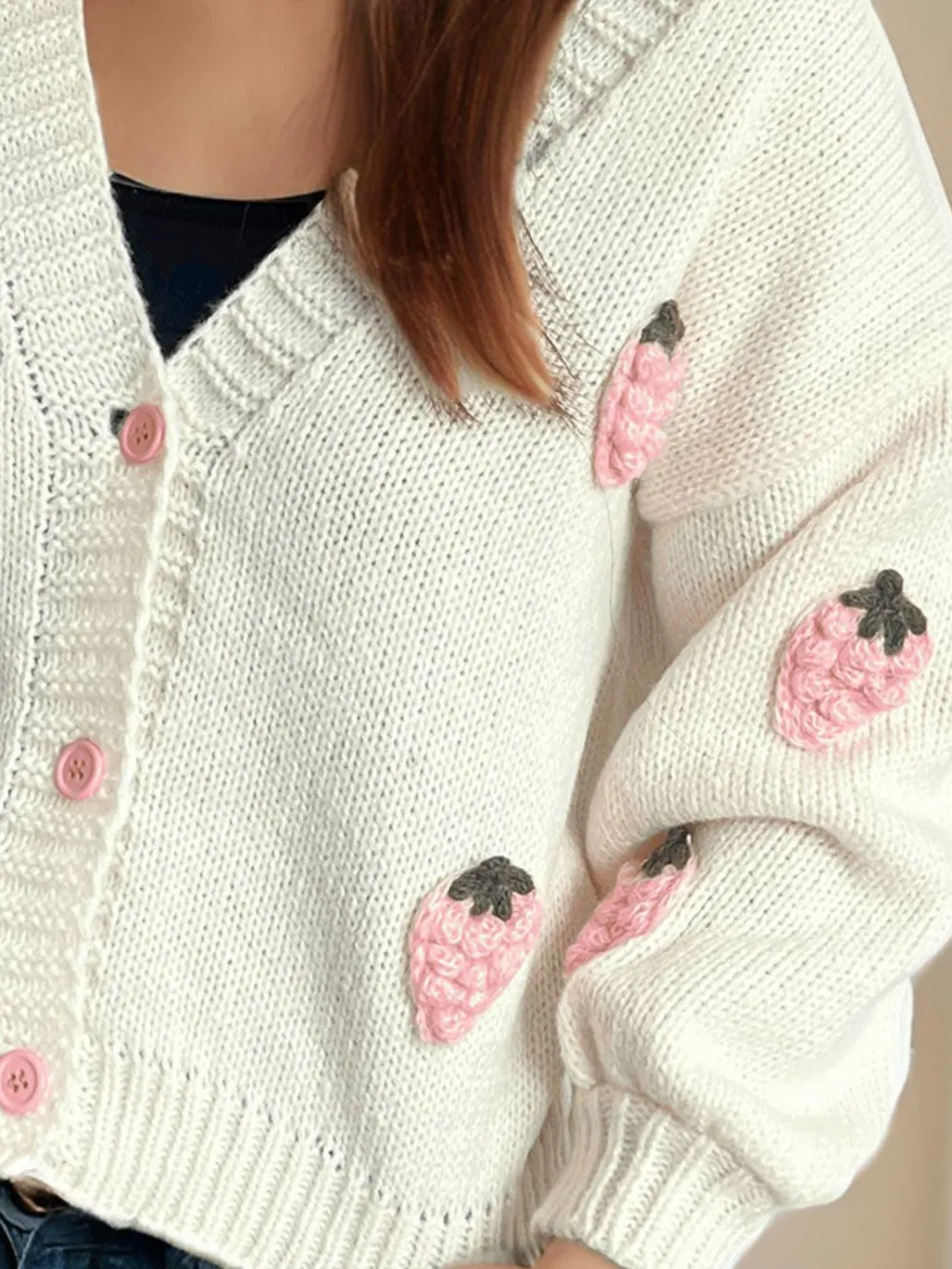 Crochet Strawberry V-Neck Long Sleeve Cardigan, image 9
