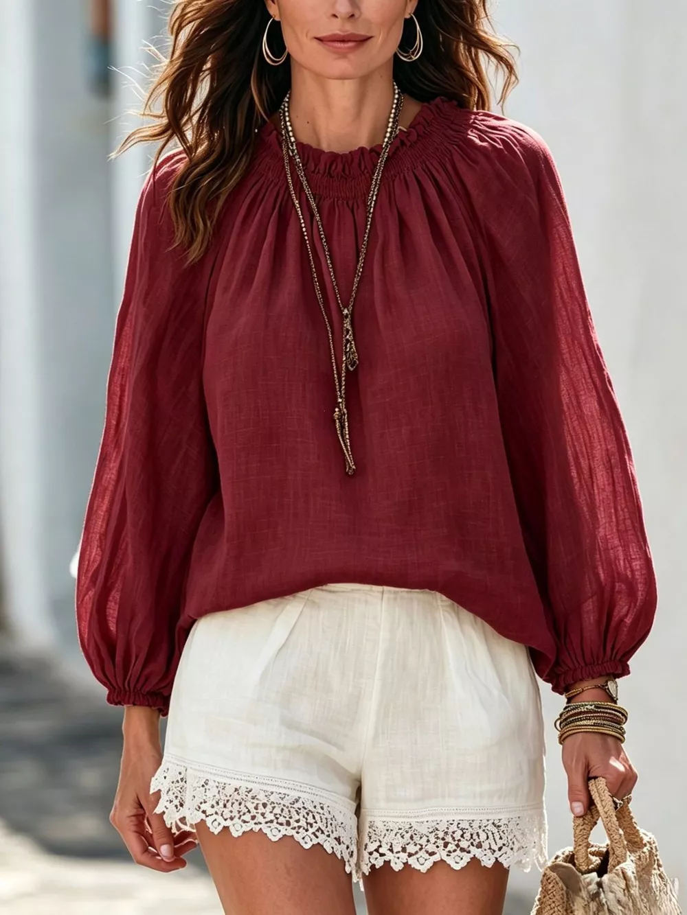 Round Neck Balloon Sleeve Blouse, image 7