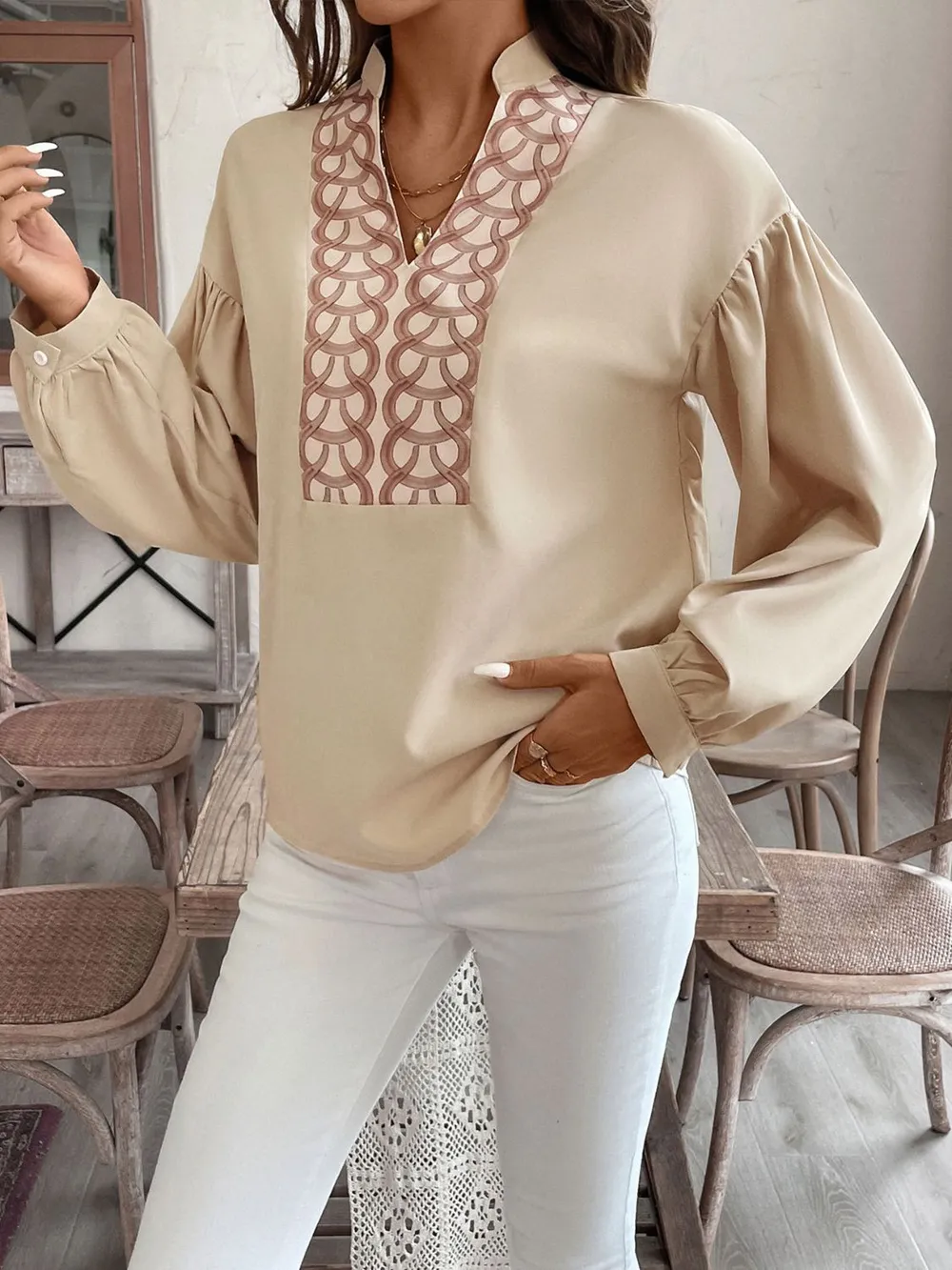 Printed Notched Long Sleeve Blouse, image 2
