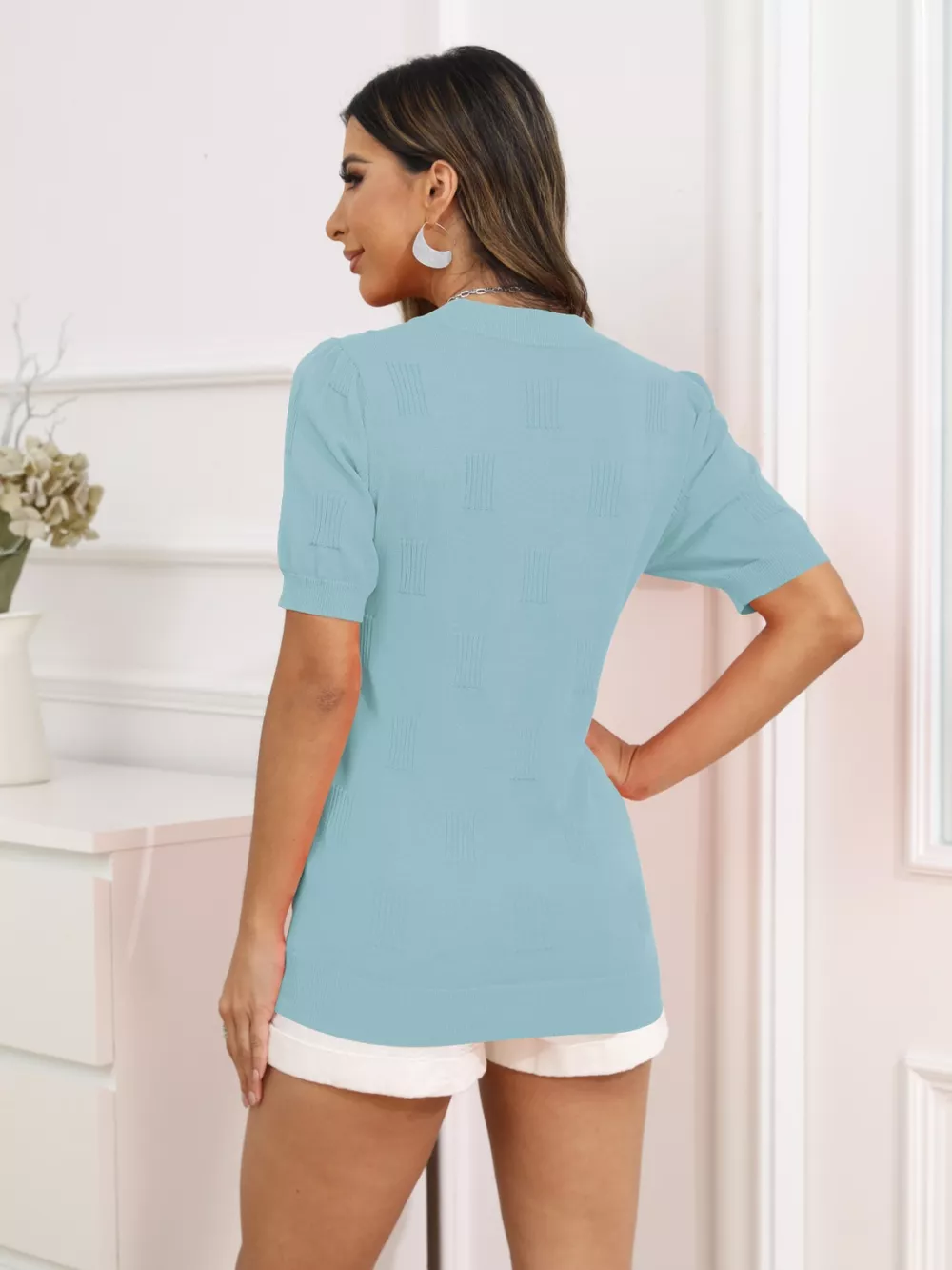 V-Neck Short Sleeve Knit Top, image 3