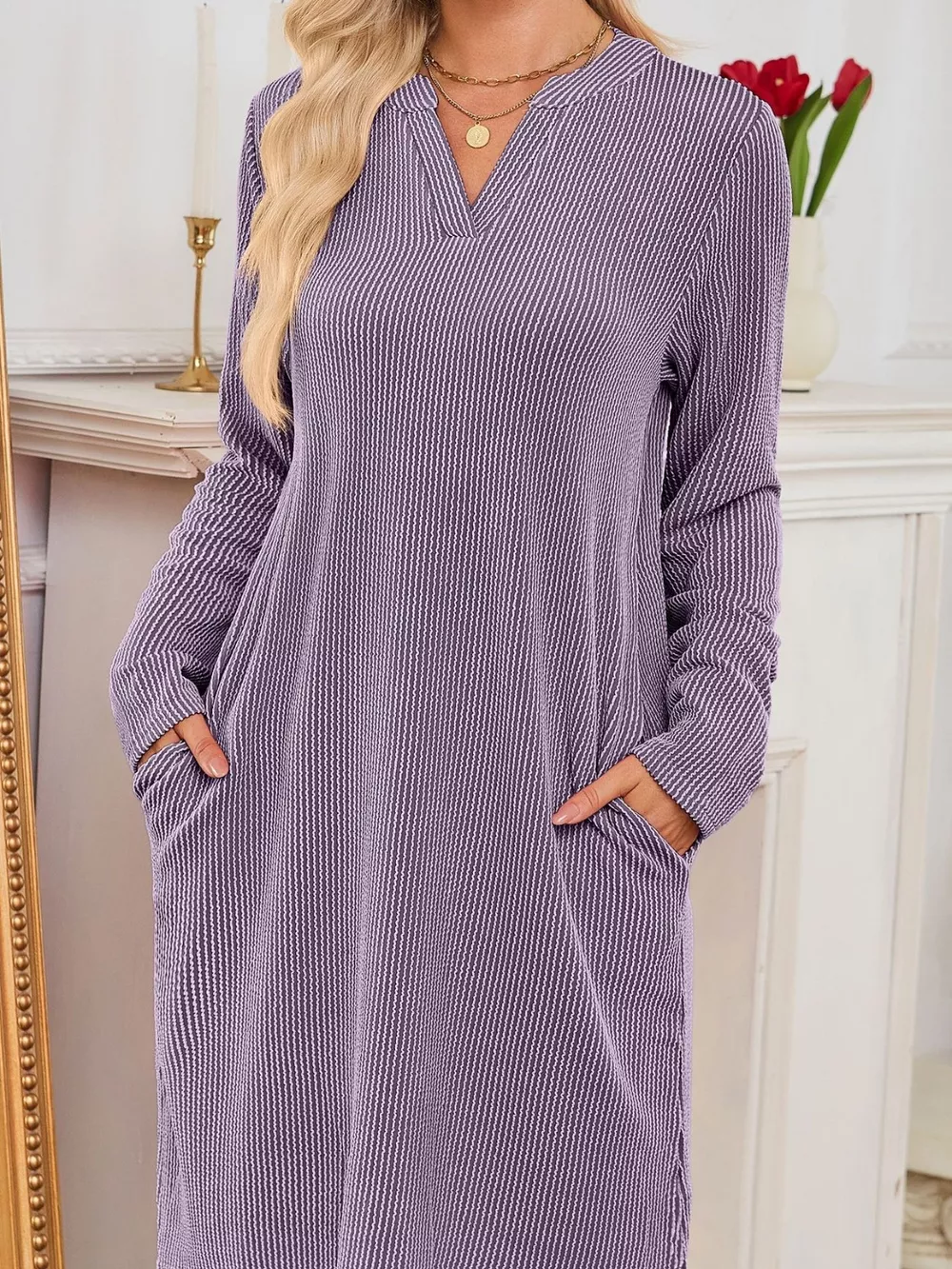 Casual Ribbed Knit Long Sleeve Dress, image 23