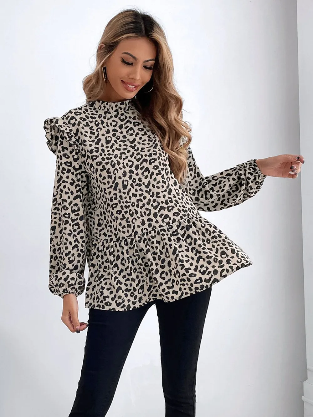 Ruffled Leopard Mock Neck Long Sleeve Blouse, image 2