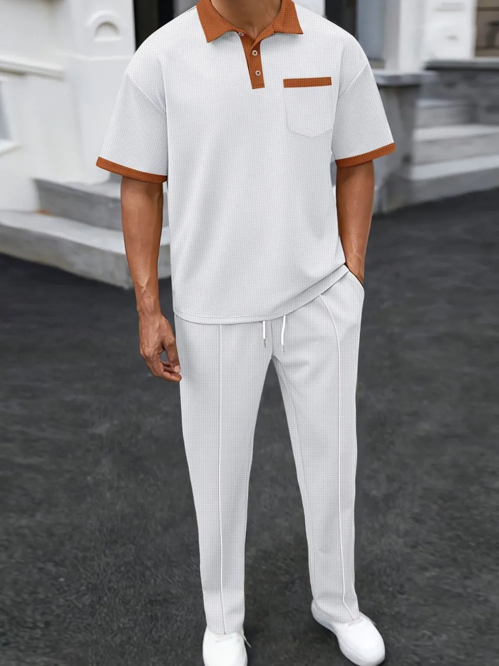 Men's Full Size Waffle-Knit Contrast Polo and Pants Set Plus Size, image 2
