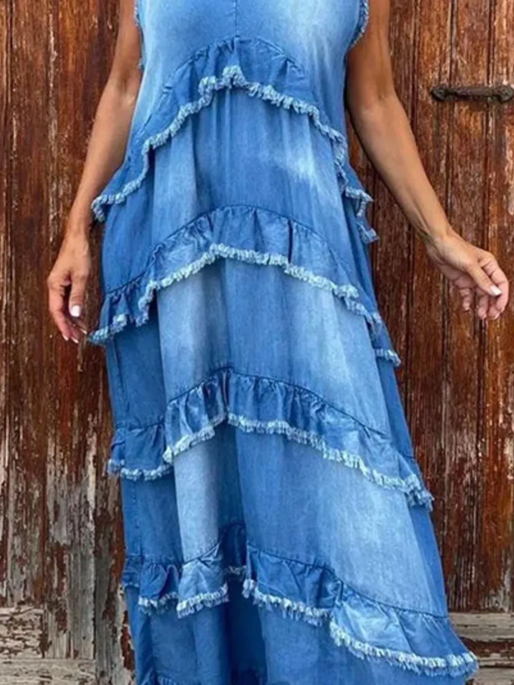 Raw Hem Layered Denim Maxi Dress, image 2