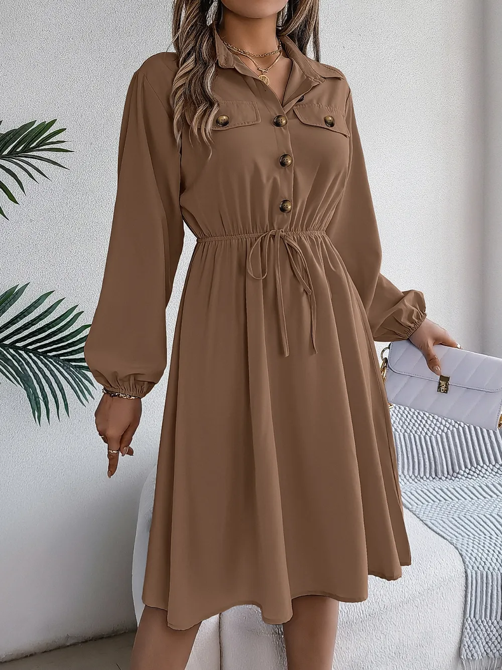 Collared Neck Long Sleeve Dress with Pockets, image 24